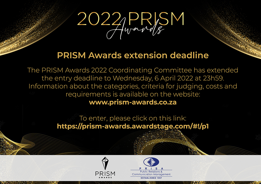 theprismawards's tweet photo. PRISM Awards News
 
The deadline to enter the 2022 PRISM Awards has been extended to Wednesday, 6 April at 11:59pm. The PRISM Awards celebrate excellence in the PR &amp; Communication profession.
 
To enter these prestigious awards please click on this link: https://t.co/UfiBShktoc https://t.co/ywvo6z0SZj