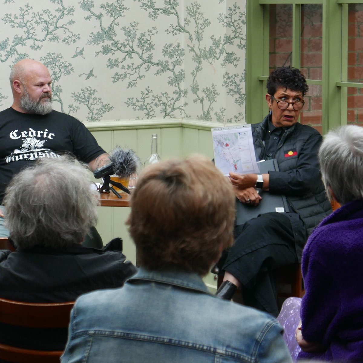 progportphillip's tweet photo. The first of our #CommunityConvo events gets off to a good start at the Railway Hotel, South Melb, with N’arweet Dr Carolyn Briggs, Boon Wurrung elder and writer @LatimoreJack talking about an #aboriginal future in #PortPhillip. https://t.co/XFeZTMh1U5
