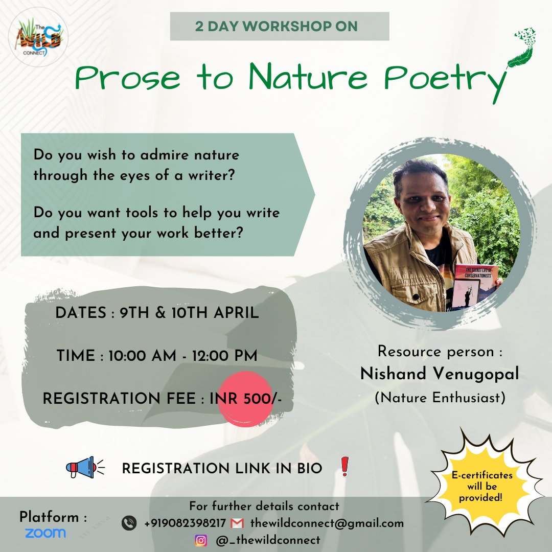 nvgpal79's tweet photo. Thanks to The Wild Connect for giving me this opportunity to share my experience about #writing #poems #ForNature Only few days left to register for this #workshop My poems are published on @sciencenxtdoor @spillwords #onlinelearning #registerlink https://t.co/RQq6H1hsY1 https://t.co/MoMljj9AzO