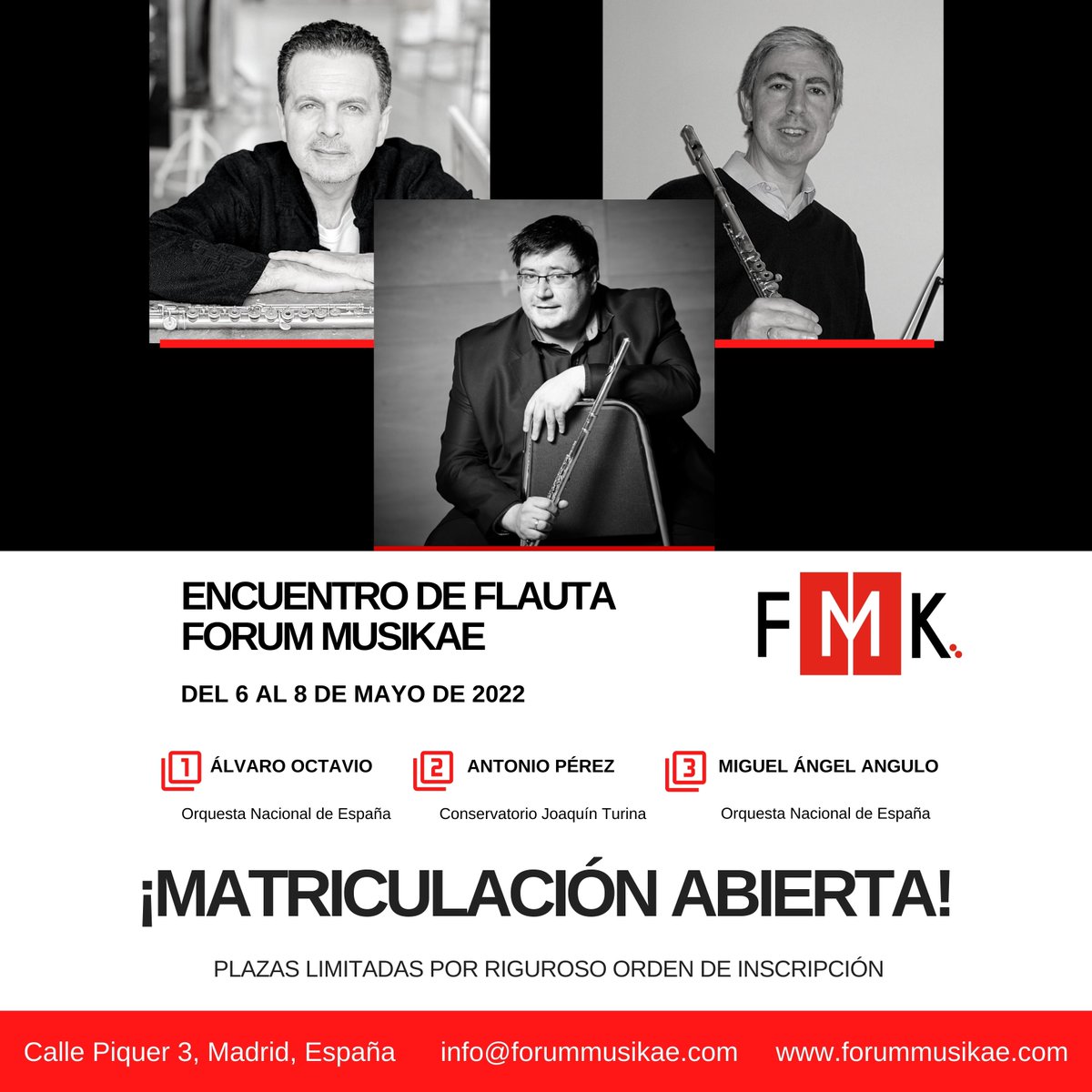 ForumMusikae's tweet photo. Os anunciamos el encuentro de #flauta que impartirán Álvaro Octavio Díaz, Antonio Pérez y Miguel Ángel Angulo del 6 al 8 de mayo, en la Escuela Superior de Música - #ForumMusikae.
https://t.co/O0Ra44fxxz
#cursodeflauta #alvarooctavio #antonioperez #miguelangelangulo https://t.co/4AFJIsH0TN