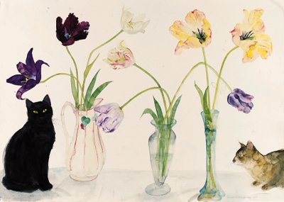 Scottish artist Elizabeth Blackadder, Black Cat, Abyssinian Cat and Tulips, 1988 #WomensArt #April