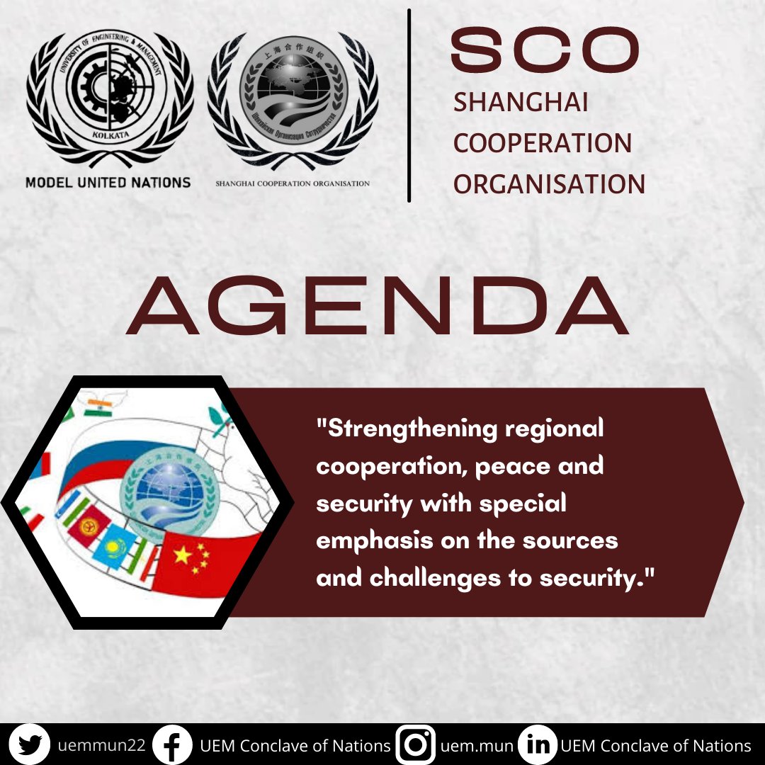 uem_con2022's tweet photo. The Shanghai Cooperation Organization has mainly focused on fight against regional terrorism, ethnic separatism and religious extremism, including the promotion of regional development, equality and reduced casualties on religious terrorism.

#RevoltToResolve
#UEMMUN https://t.co/X7Y9jDWVcq