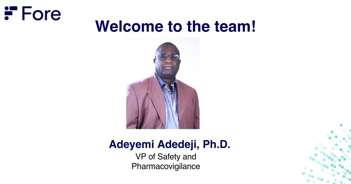 ForeBiotx's tweet photo. We are excited to welcome Dr. Adeyemi Adedeji to the Fore Bio team. Adeyemi has joined us as VP of Safety and Pharmacovigilance, we are delighted to have him as a new member of #TeamFore! https://t.co/kzHGHAWQiP
