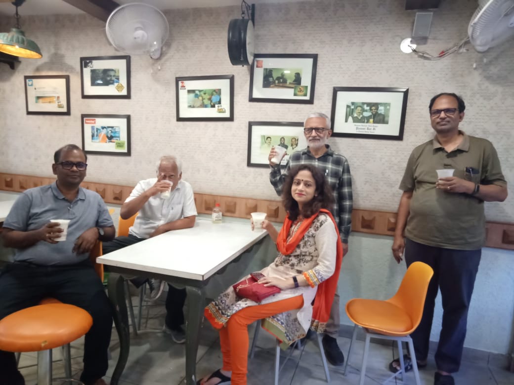 Relaxing moment at a lassi shop in Patiala after two-day-long brainstorming session on "Quantum Technologies with Photonics Devices": Prof. B K Das with Prof. Prashanta Panigrahi (IISER), Prof. R P Singh (PRL), Prof. Pankaj Agarwal (IoP) and Prof. Urbashi Sinha (RRI).