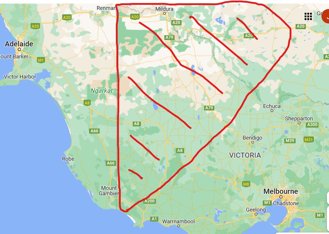 if you are a VIC/NSW in or around this area i have highlighted with grain on farm, there is a good chance you will max the value of your grain by moving it into South Australia. Mills around Adelaide paying ~440 for SFW1, H2 much more into Adelaide. BAR1 ~400-410. msg me here