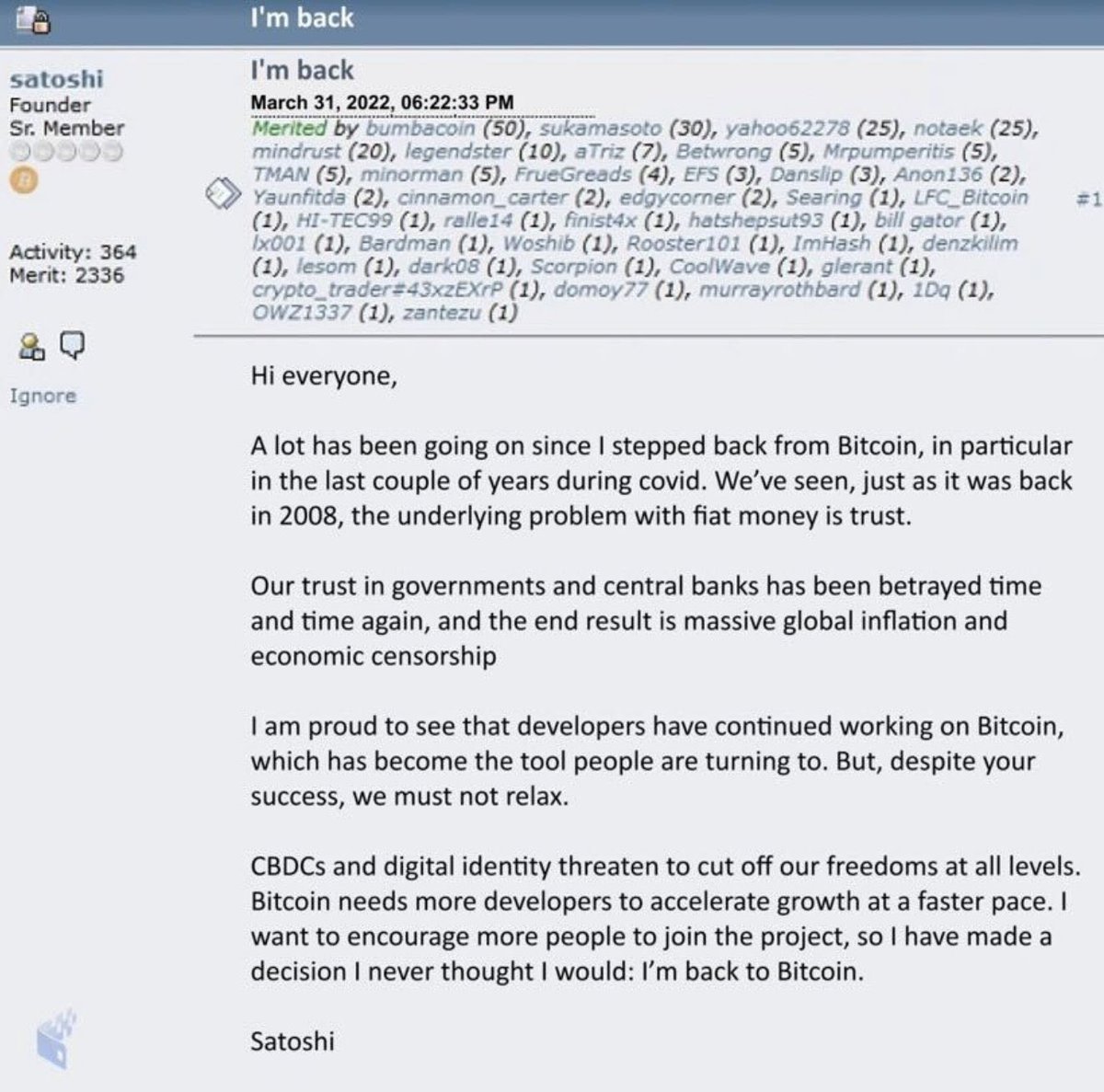 tiago86castro's tweet photo. Guess who's back?
Back again?
#Satoshiisback?
#Bitcoin https://t.co/smn0E4vr0c