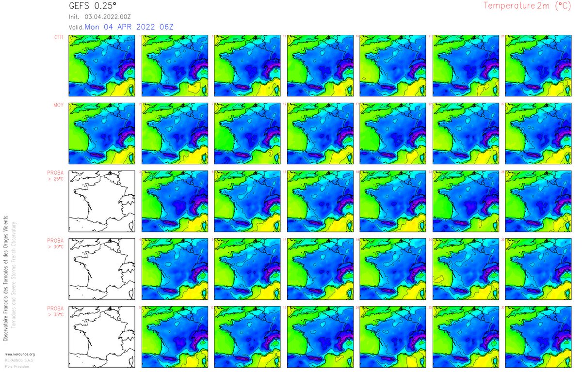 Début de semaine très froid avec de possibles records de minimales pour un mois d'avril demain lundi.
La semaine devrait se terminer dans la douceur, avec pourquoi pas plus de 20°C (voire 25 sur l'extrême sud-ouest ?)
Entre les deux, flux océanique ondulant avec pluies au nord. 