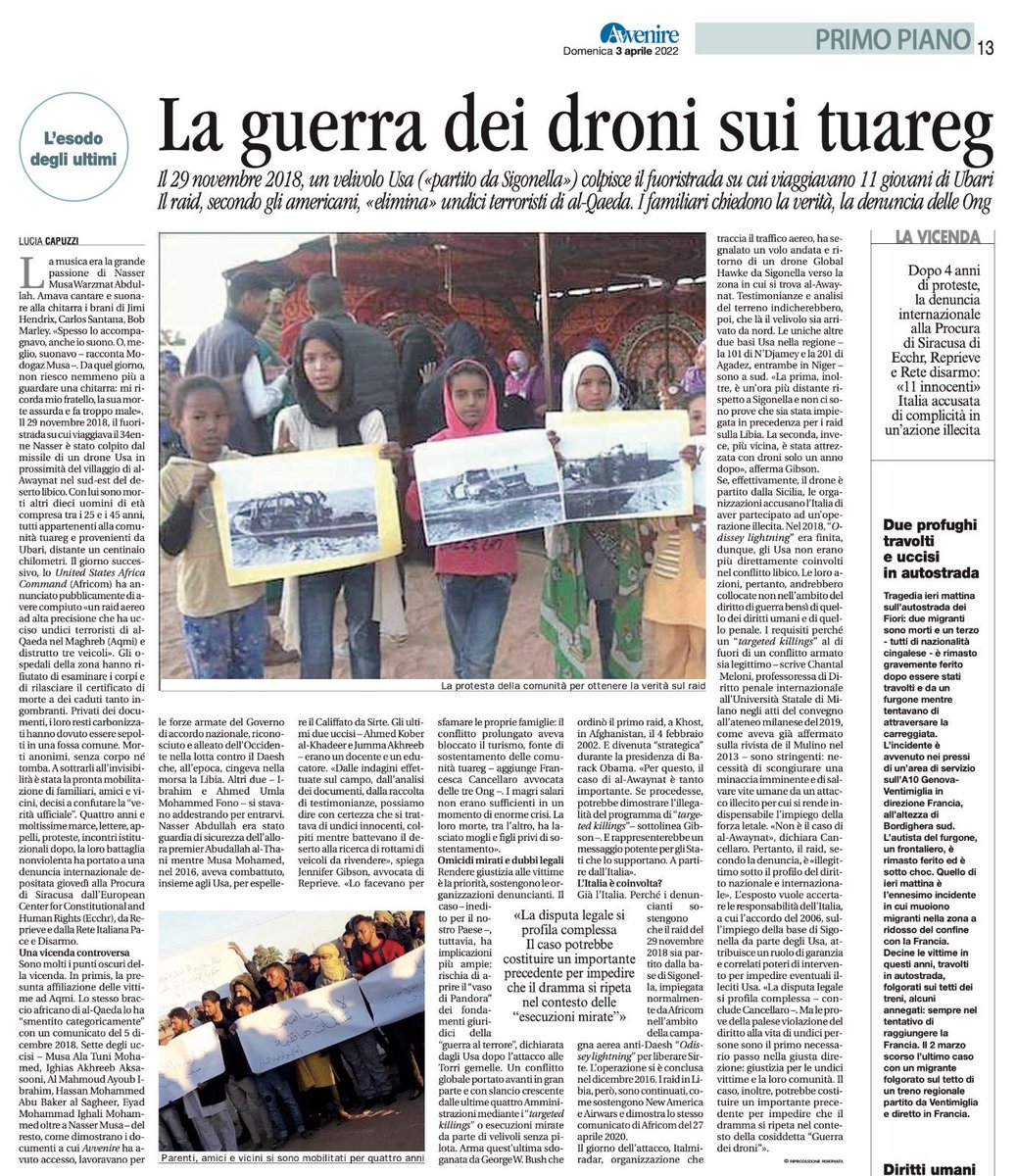 ❗#US #ArmedDrones killed 11 Tuareg men in Libya on 29Nov2018. Now, relatives of the victims <a href="/ECCHRBerlin/">ECCHR</a>  <a href="/Reprieve/">Reprieve</a> and <a href="/RetePaceDisarmo/">Rete Italiana Pace e Disarmo</a> filed a criminal complaint against the #Sigonella Italian commander for complicity in the unlawful killing