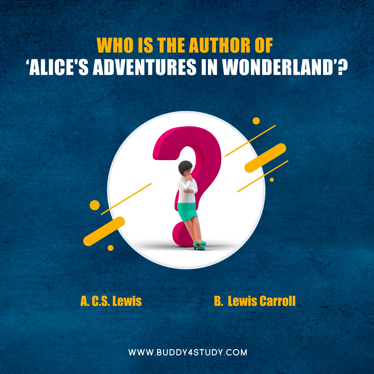 Buddy4Study's tweet image. Can you guess the #author? Drop your answer in the comments!!
#TriviaTime #Quiz #BrainTrain #Trivia #Books #Aliceinwonderland