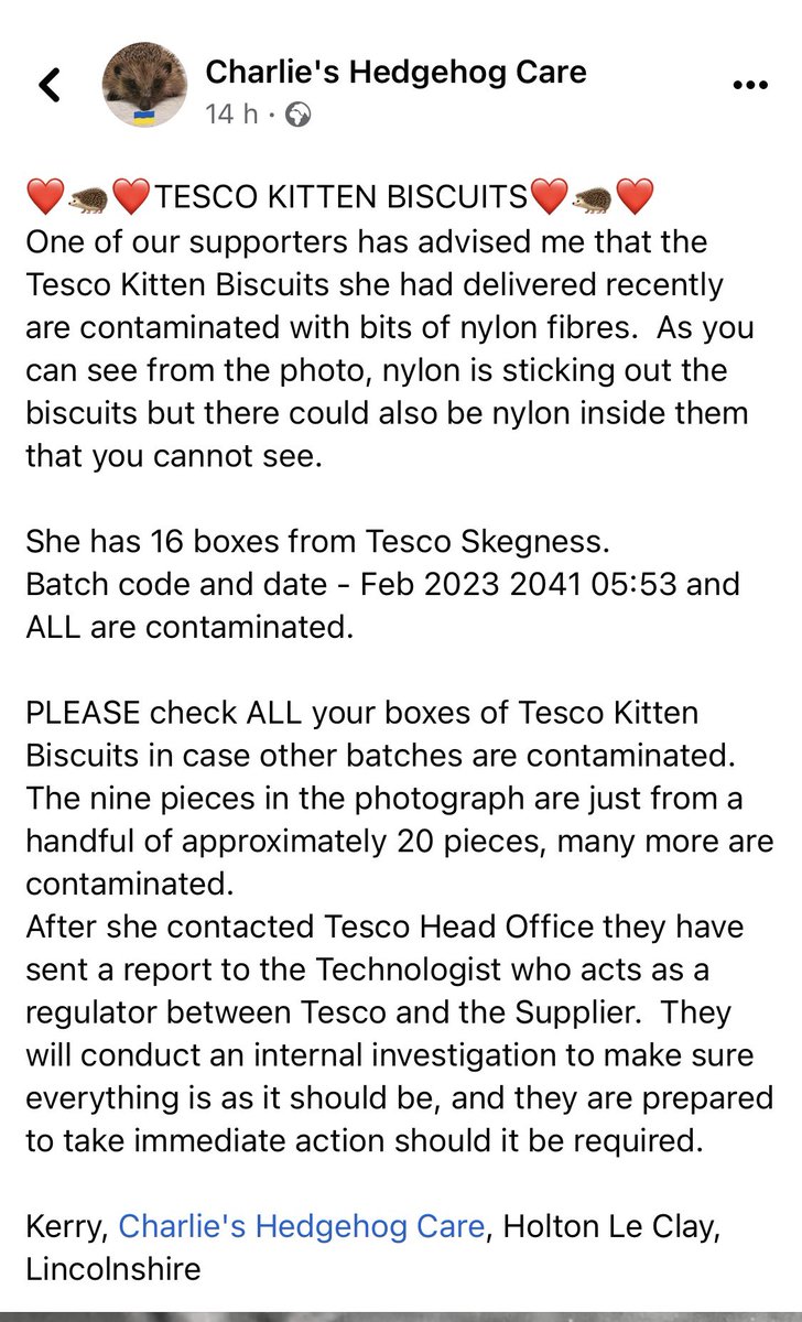 annodo2010's tweet image. Just a warning if you are using Tesco kitten biscuits to check them. This was posted on FB by a hedgehog rescue. @WildHogsRescue @HedgehogCabin @WigglySnouts @Poppyshedgehogs @littlesilverhog @Prickles_Paws @Tesco #hedgehog