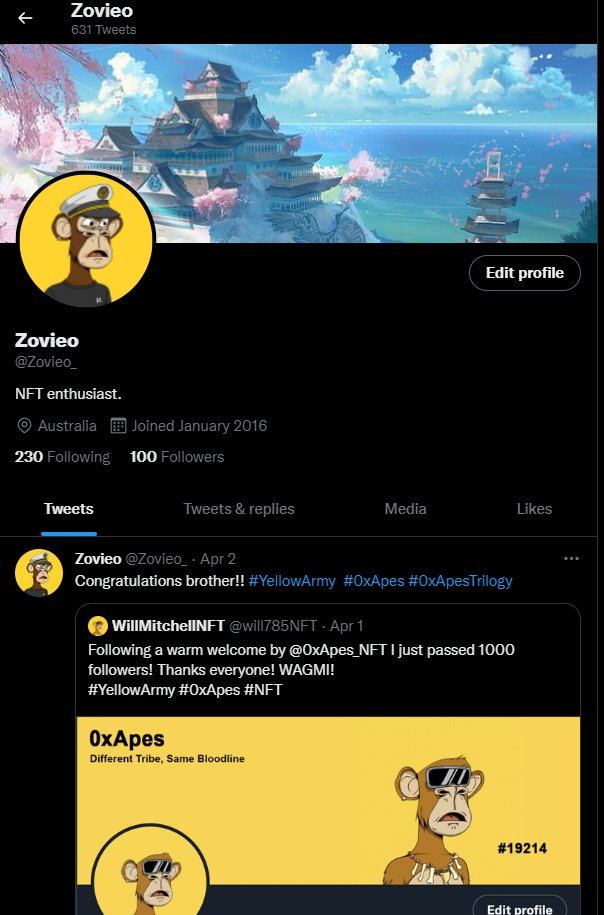 thanks to the family at <a href="/0xApes_NFT/">0xApes</a> #YellowArmy #0xapestrilogy  for helping me get to 100 followers!