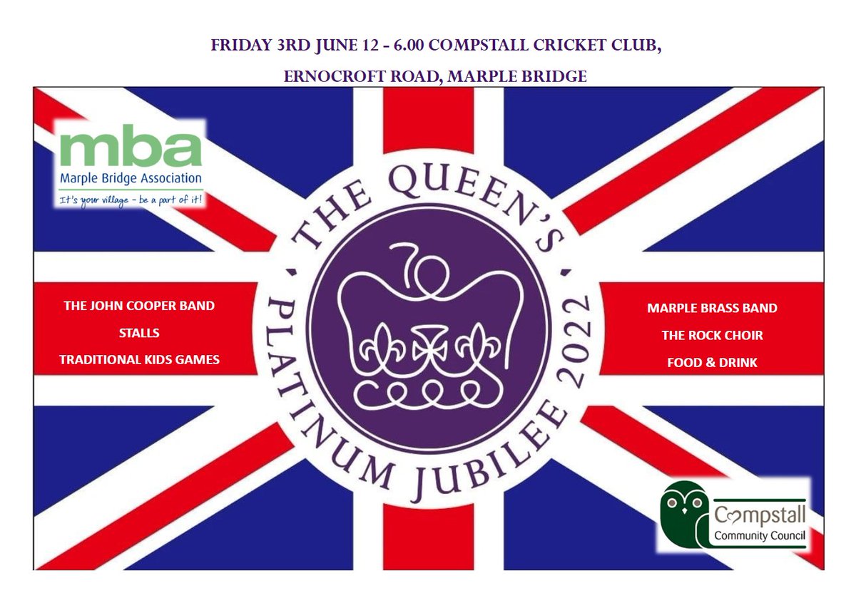 marplewebsite's tweet photo. #MarpleBridge Association & #Compstall Community Council present a Queen's Platinum Jubilee Event on Fri 3rd June 12-6pm at Compstall Cricket Club with The John Cooper Band, #Marple Brass Band, Rock Choir, Stalls, Traditional Kids' Games, Food and Drink: https://t.co/u987vBVvrZ https://t.co/lHCZCv9jiG