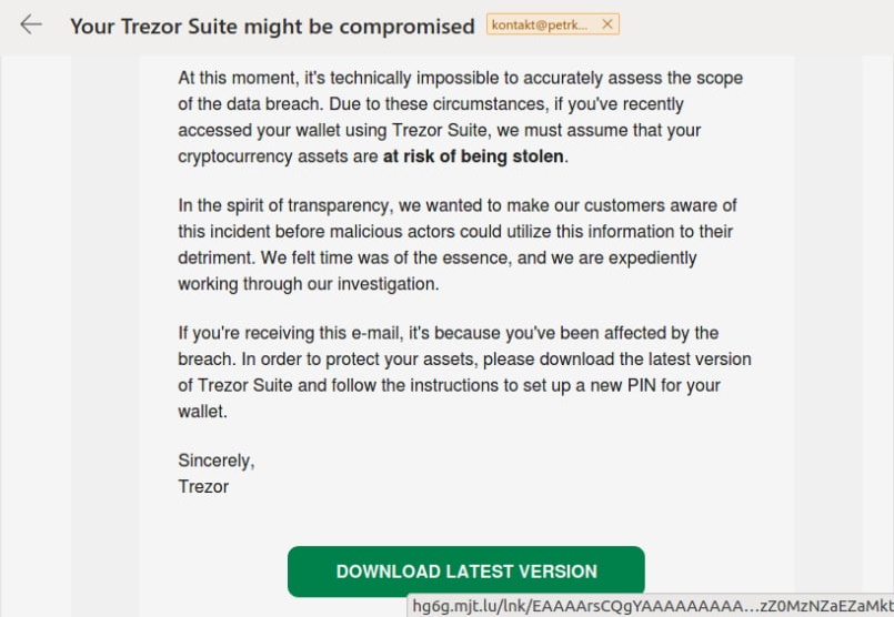 PetrKnap's tweet photo. Got #phishing e-mail from https://t.co/mEIkPFFkd5 (registered to Annie Sherman) via @mailjet with link to fake @Trezor Suite page at https://t.co/ovW7tYf4t8 (registered to DANESCO TRADING LTD) to e-mail address from @satoshilabs newsletter list. https://t.co/tu58qN5e0o