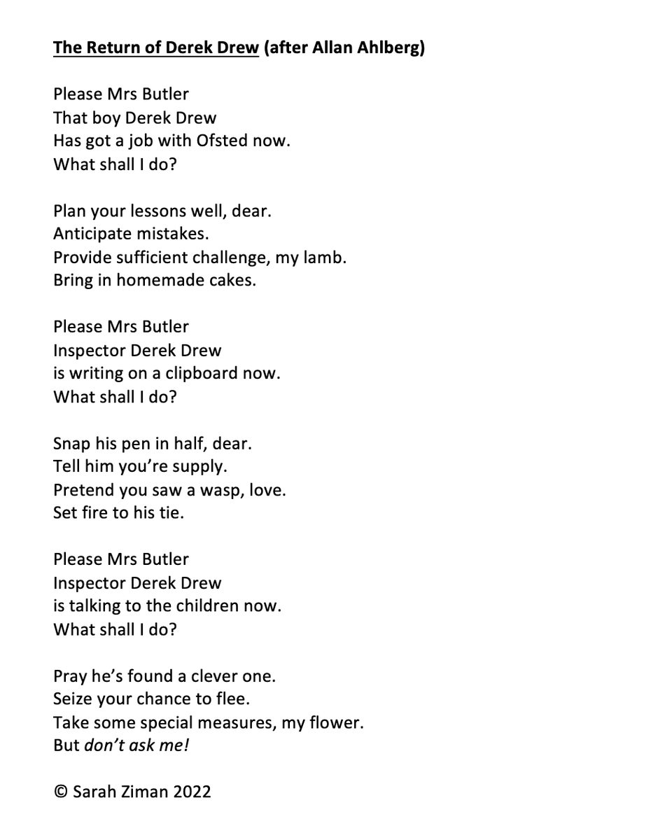 Mrs Butler still hasn't retired and still doesn't have time for your whinging 😄 

#poem #poetry #ofsted #edutwitter #teachersoftwitter #UKEdChat #ChildrensPoetry