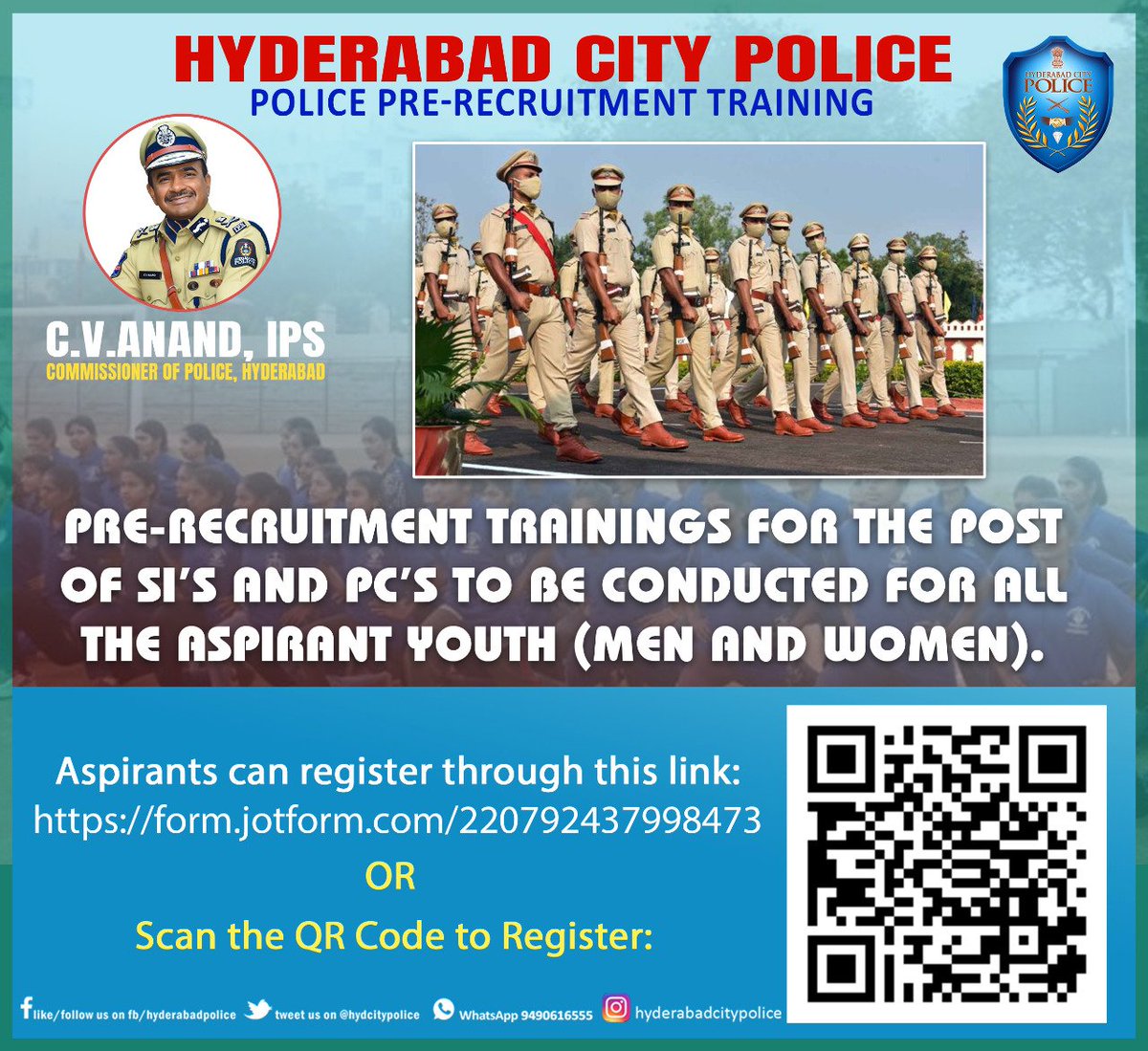 ASEEM_India's tweet photo. 🙏 PLS SHARE!
- Good News for Hyderabadi Youth.
Police Pre-recruitment Training by Hyd City Police for the post SIs and PCs to be conducted for all aspirants youth (Men and Women).
@hydcitypolice @TelanganaDGP

Register through following Link: 
https://t.co/EfkdnLdtiS https://t.co/xaU0watpSl
