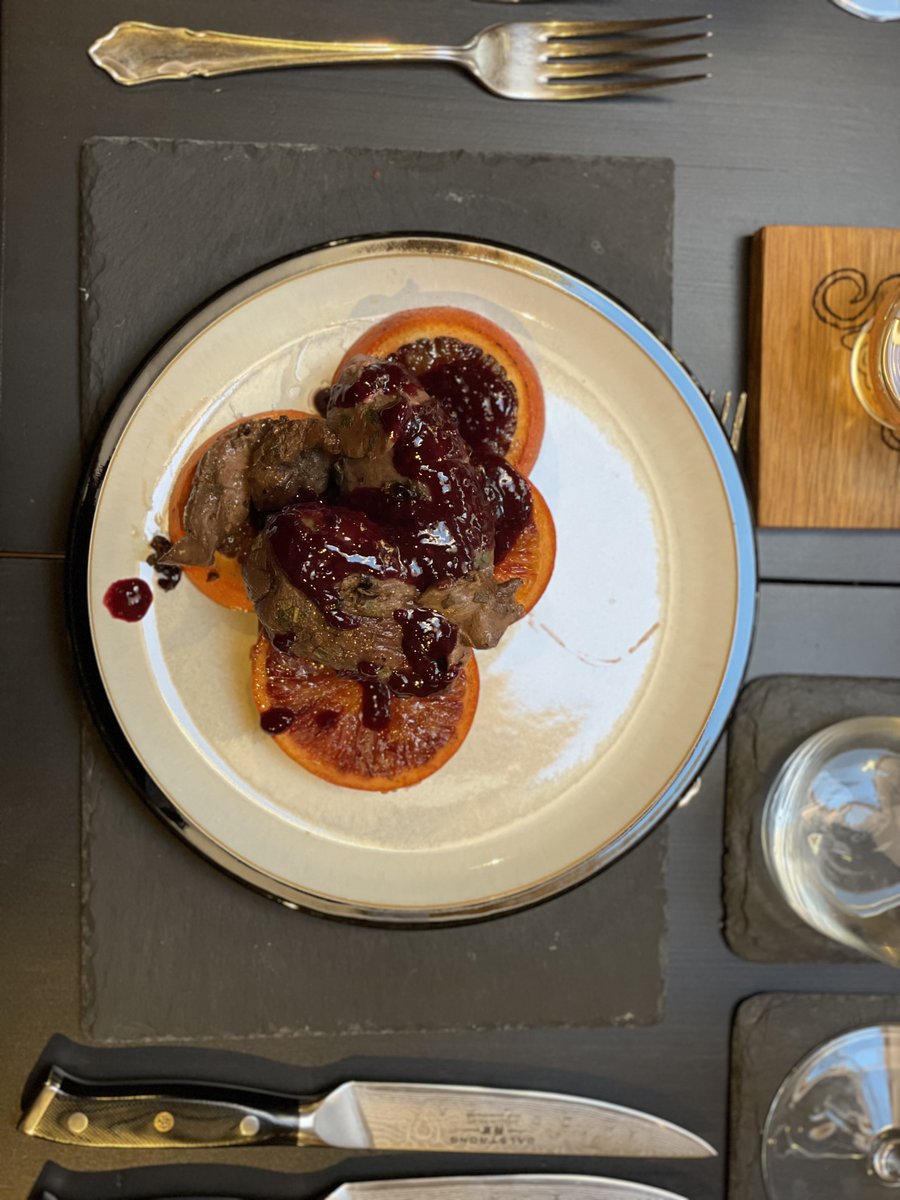 Fib_Aedan's tweet photo. Casual #whiskydinner last night with some very old family friends. You know, just seared pigeon breast with caramelised blood orange and bramble coulis, roast leg of pork with braised vegetables, and plum and caramelised pecan galette. #Foodie #goodfood #homecooking #fibfunsies https://t.co/ZfJiGklZrz