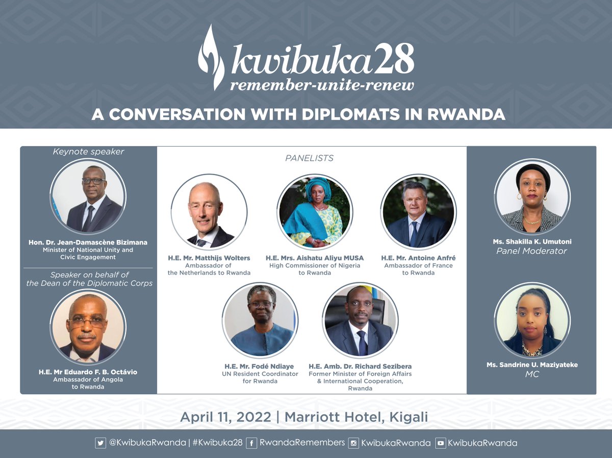 Unity_MemoryRw's tweet image. On Monday 11th April 2022 at 10 am, @Unity_MemoryRw and @RwandaMFA are holding a conversation with diplomats in #Rwanda related to #Kwibuka28 #RememberUniteRenew