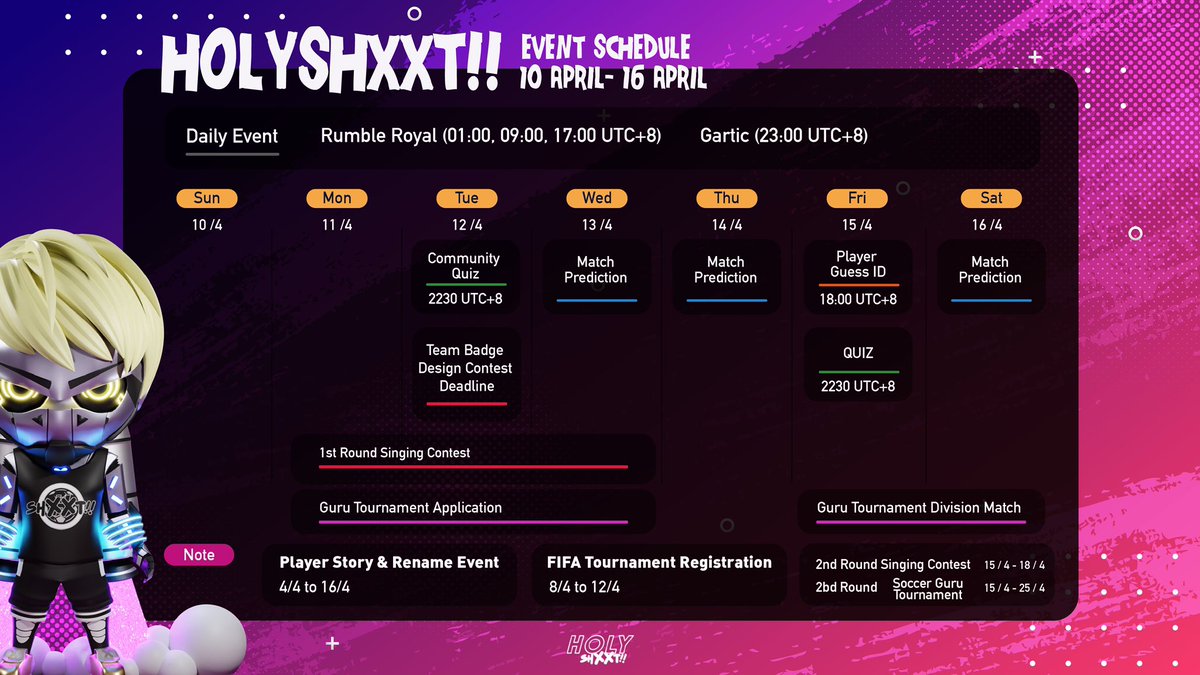 Story Writing/ Singing Contest/ Fifa Tournament / Rumble Royals/ Gartic bot and more, you don’t have to know football to love Holyshxxt!! , there’s always something to do in this community, join us in Discord: discord.gg/holyshxxtnft

#CommunityGameFi #soccernfts #pnenfts
