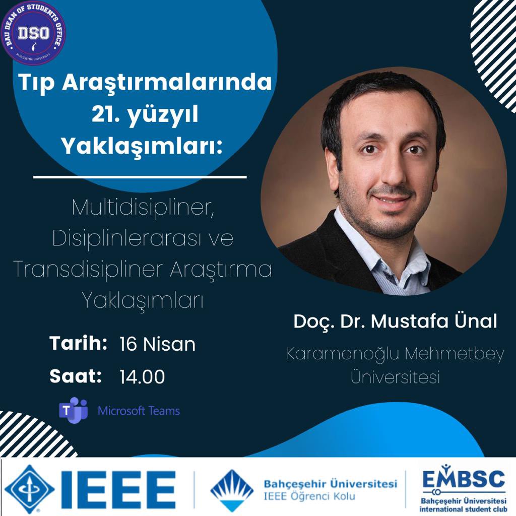BAU_IEEE's tweet photo. EMBS komitemizin düzenlediği BİO ENG serimize Doç. Dr. Mustafa Ünal ile Tıp Araştırmalarında 21. Yüzyıl Yaklaşımları: Multidisipliner, Disiplinlerarası ve Transdisipliner Araştırma Yaklaşımları konusuyla devam ediyoruz.🤩

Etkinlik katılım formu: https://t.co/jrGji8Pd7d
@baufens https://t.co/QhGHQmamo3