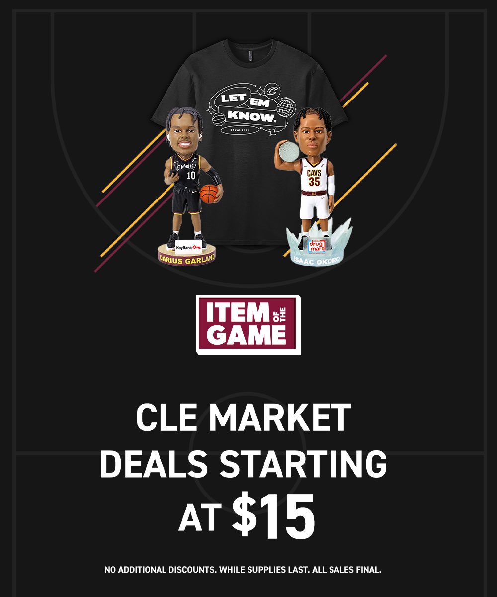 CavsTeamShop's tweet photo. Shop #CLEMarket deals starting at $15 including @Cavs Bobbles, Tees & more today only at @RMFieldHouse!
#AllForFans | #CavsStyle https://t.co/L0RXyZeI3Q