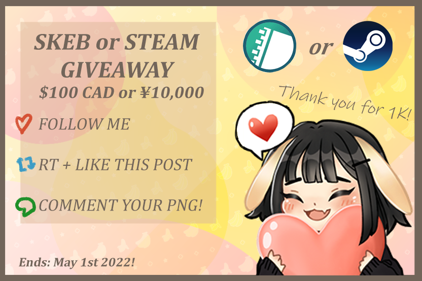 bananyuu's tweet photo. ✨1K FOLLOWER GIVEAWAY✨

Thank you again for 1k on Twitch! 💛 Winner gets $100 CAD Steam gift card or ¥10,000 Skeb! 

Rules: 
🍌 Follow me! (new followers ok) 
🍌 Retweet + Like this post!
💛 Optional: Comment your png!

Ends May 1st!
#VTuber #ENVtuber #VtuberUprising #Giveaway https://t.co/nQVsv6mLHx
