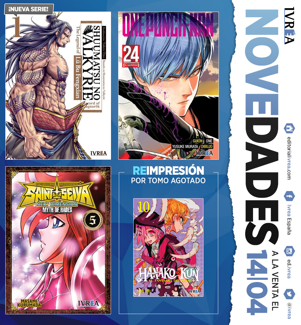 Ivrea's tweet photo. ¡NOVEDADES DEL 14 DE ABRIL!

• SHUUMATSU NO VALKYRIE: THE LEGEND OF LÜ BU FENGXIAN #1 (NUEVA SERIE)
• ONE PUNCH-MAN #24
• SAINT SEIYA NEXT DIMENSION #5 (NUEVA EDICIÓN)
• HANAKO-KUN, EL FANTASMA DEL LAVABO #10 (REIMPRESIÓN) https://t.co/2bRDw3HdGY
