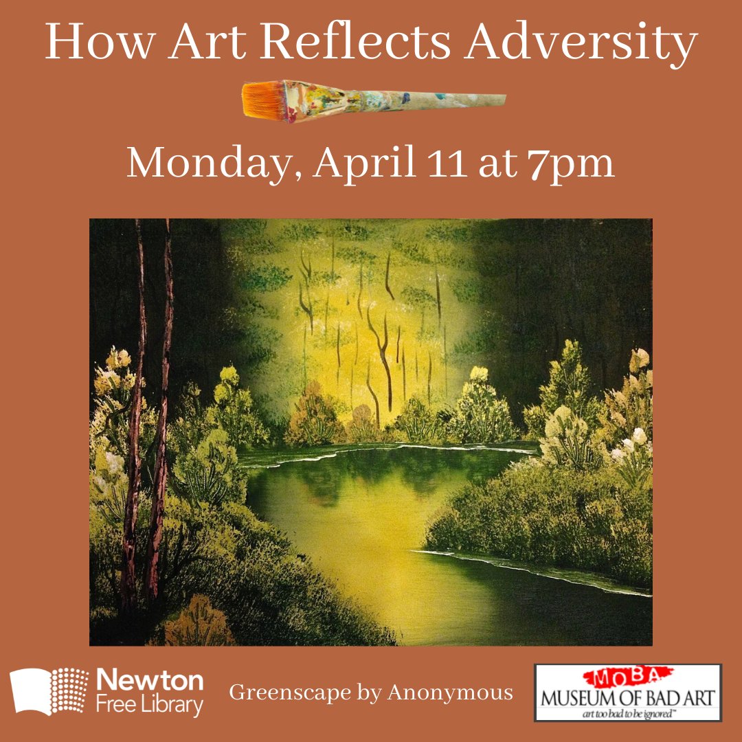 NewtonFreeLib's tweet photo. Still time to register for our program with Michael Frank, Curator-in-Chief of the Museum of Bad Art as he takes us through key works in their collection to discusses how art reflects adversity. Register here by 5 PM Monday: https://t.co/YZ0gzJT59B #NewtonFreeLibrary #NewtonMA https://t.co/m04Y5MHHuy