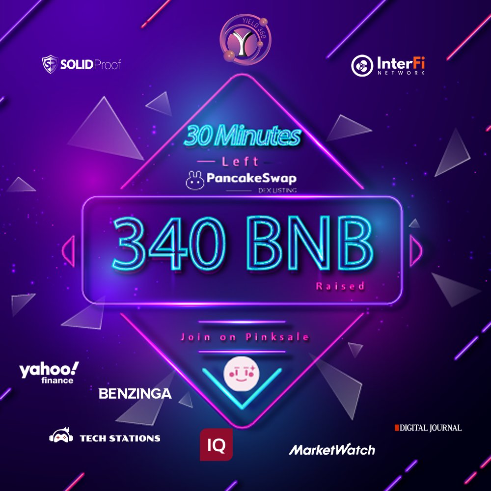 Why you should buy in fairlaunch?

✅9% discount + 10% additional tokens!
✅CMC/CG Listing within 24 hours!
✅Early Rebase reward fixed 0.0206% every 13 mins

Join Pinksale Fairlaunch: pinksale.finance/#/launchpad/0x…

#Yield360 #Y360 #BNB #BSC #pancakeswap