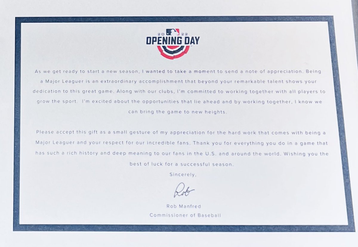 stephenjnesbitt's tweet photo. Rob Manfred has said he needs to repair his relationship with MLB players following the lockout. Here’s a small gesture from Opening Day. Each player had a gift box waiting at their locker with Bose headphones and this “note of appreciation” from Manfred inside. https://t.co/kxHnGcoaQT
