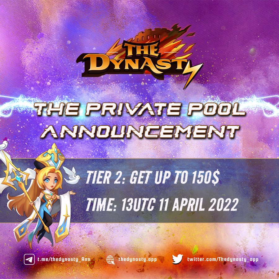 📣5 HOURS LEFT UNTIL THE DYNASTY'S PRIVATE POOL PRESALE 📣

🌟PRIVATE POOL PRESALE🌟
⏳13:00 UTC | 11 April
🔹Private pool price: $0,0075
🔸Listing price: $0,01
🔹 Link to join: bit.ly/MetaMate_Priva…
--------------
💯 Join now to show your support for THE DYNASTY on METAMATE