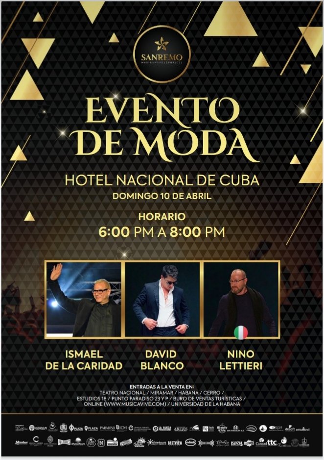 🔊Atentos, llegó la última jornada y las propuestas son de lujo, un cierre como merece el público cubano...🎶🎤💃🕺
#Moda 👗y #Música 🎵en el colofón de esta gran fiesta entre #Cuba e #Italia 🇮🇹❤️🇨🇺

 #SanRemoMusicVa #sanremomusicawardscuba #srmacumplesueños
