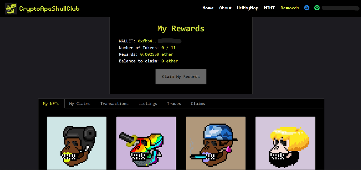 Just got into this project and I'm already accumulating rewards. 75% of minting is redistributed back to the holders and 55% of royalties after that.

The floor price doubled. 539 were minted and 9,461 to start minting soon.

<a href="/CryptoApeSkull/">Crypto Ape Skull Club</a> 
CryptoApeSkullClub.com