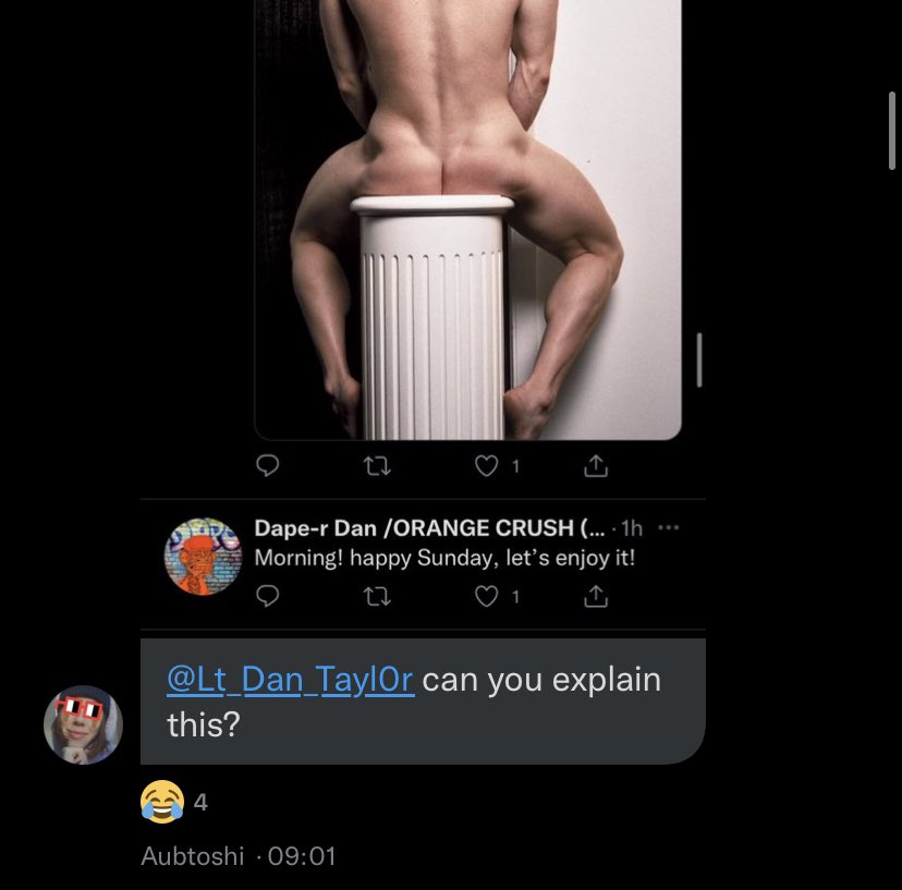 Lt_Dan_Tayl0r's tweet photo. What an unfortunate timeline timing… or is it @aubtoshi_nft. I call it the thinking Dan! 🤣🤣🤣 #thinkingman #unfortunatetiming #goodmorning #nfts #nftsgonewild https://t.co/B4KRJkchcb