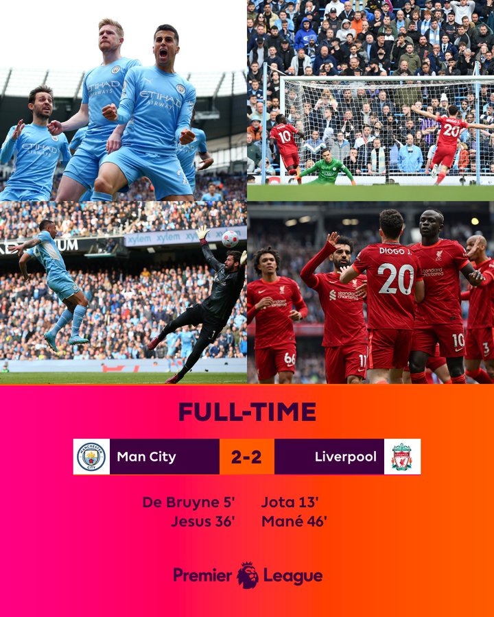 Manchester City y Liverpool empatan 2-2 y la liga sigue abierta