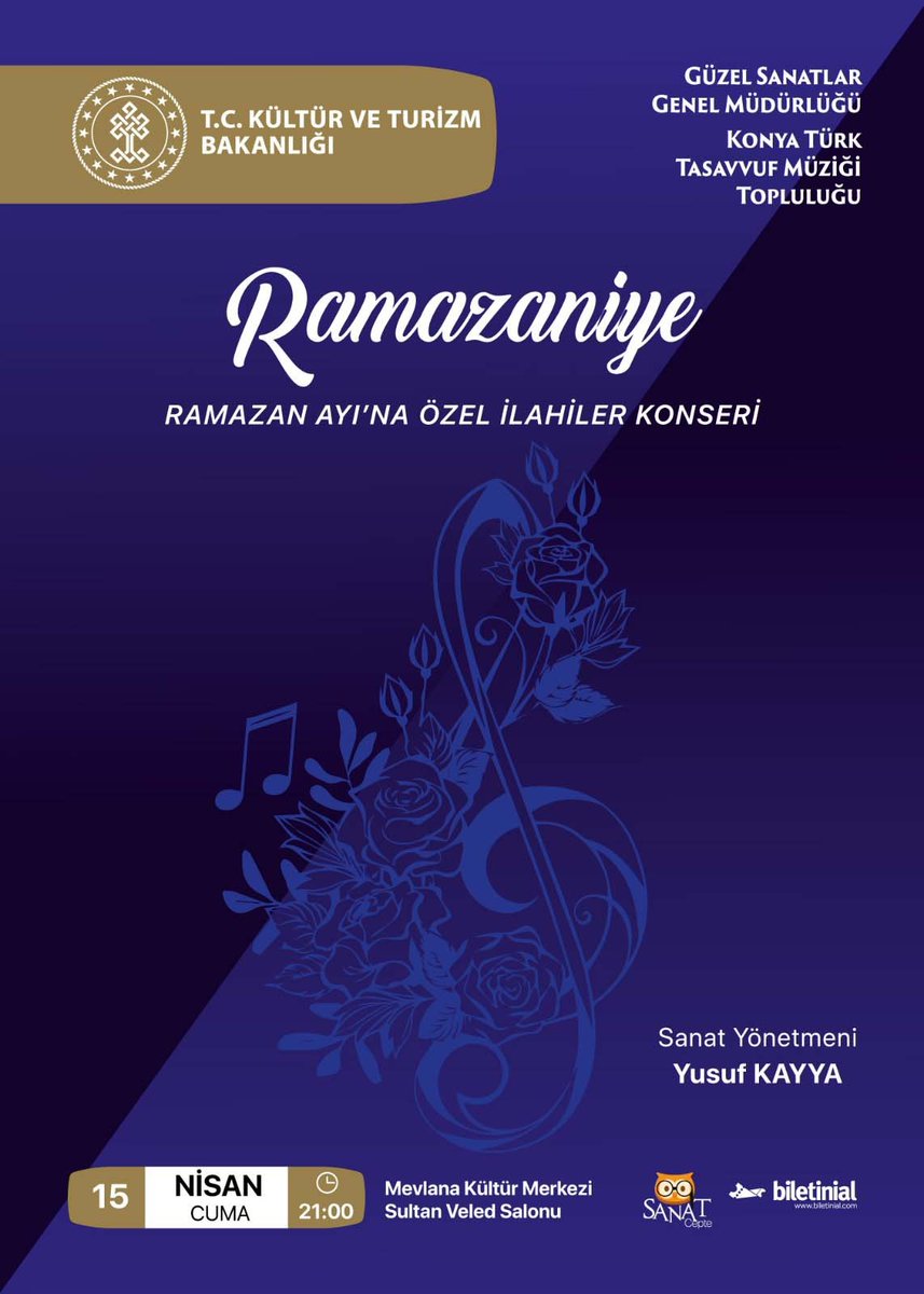 konyattmt's tweet photo. 15 Nisan Cuma akşamı Konya Mevlâna Kültür Merkezi Sultan Veled Salonunda  Ramazan Ayına özel ilahilerin icra edileceği Ramazaniye adlı konserimize tüm sanatseverleri bekliyoruz. https://t.co/Dmm2Z05oY3