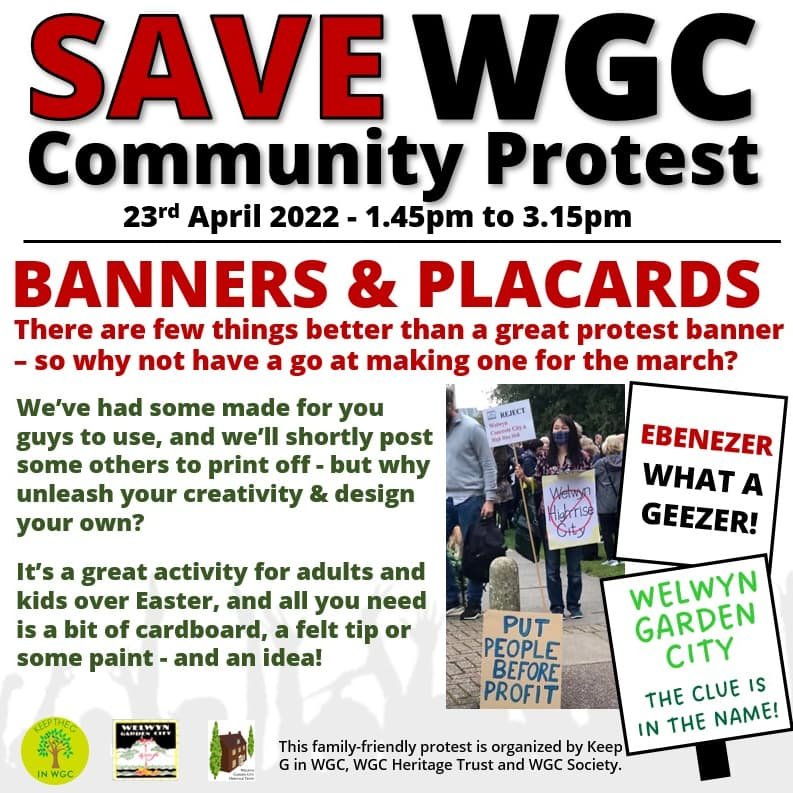 Nowt better than a brilliant banner! We will post placards you can print off but why not make your own in time for the protest on 23 April? #WelwynGardenCity #community #planning #GardenCities