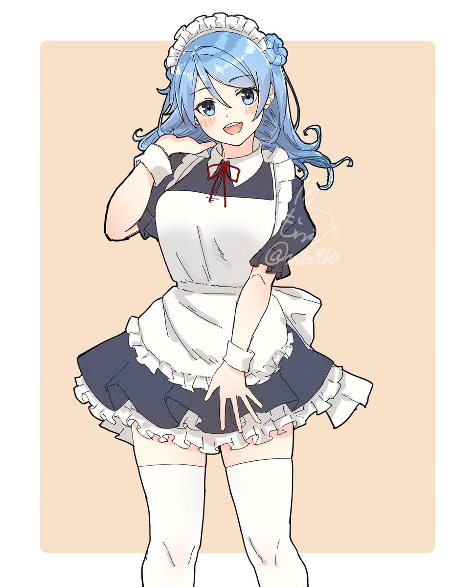 urakaze (kancolle) 1girl solo maid blue hair apron blue eyes hair bun  illustration images