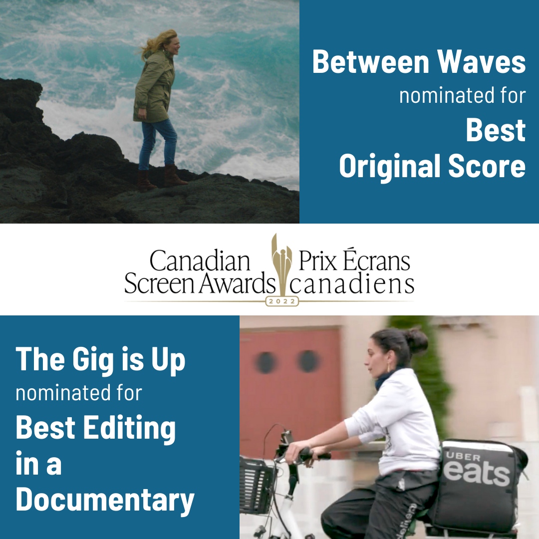 FCfilmfestival's tweet photo. Join us in cheering on two amazing #FCFF2021 films at tonight's #CdnScreenAwards!

🏆 Between Waves is nominated for Best Soundtrack!

🏆 The Gig is Up, our Old Oak Audience Choice Award winner, is nominated for Best Editing in a Feature Doc!

@betweenwavesx @thegigisupdoc https://t.co/9elBMKK41e