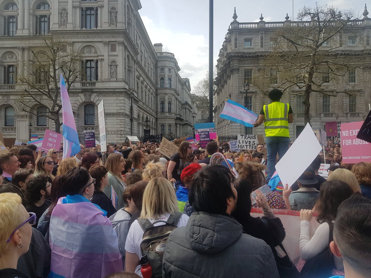 HelenCBelcher's tweet photo. Quite probably the biggest trans rights rally ever in the UK, spilling across Whitehall https://t.co/OvRDwWdvjg