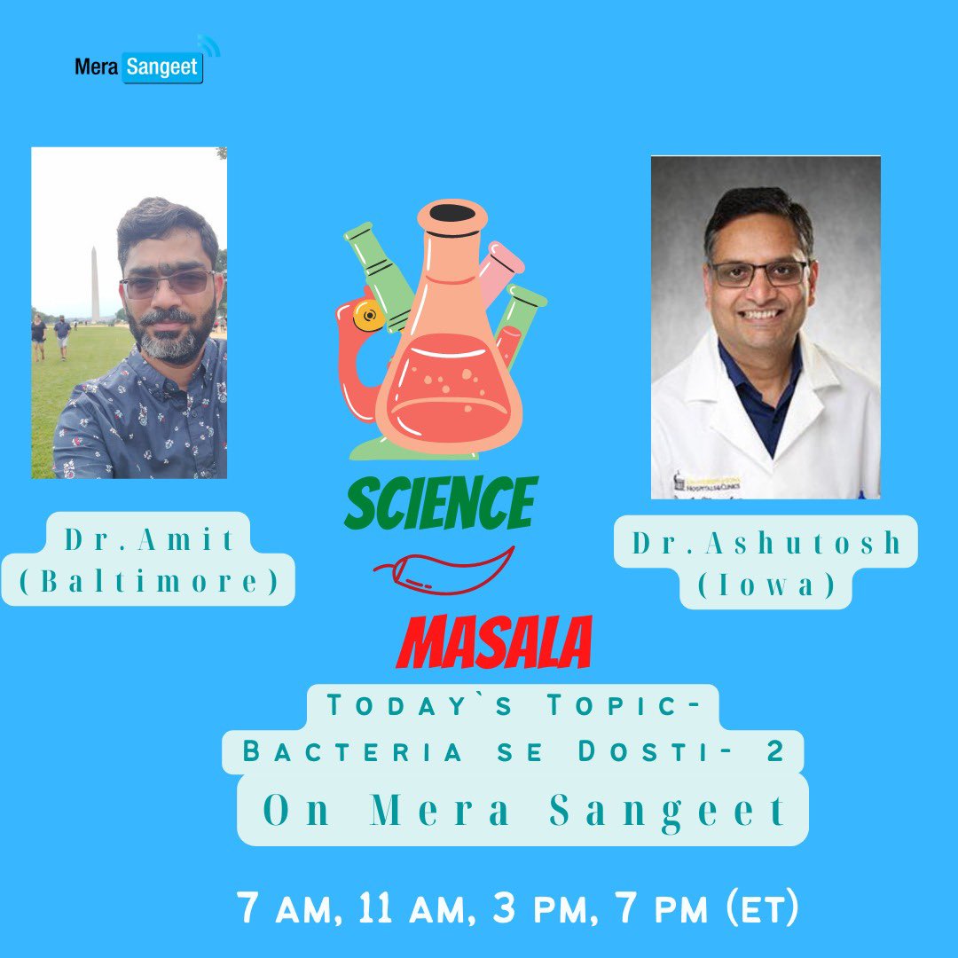 Ashu_Mangalam's tweet photo. This week It will be part 2 of Bacteria se dosti (friendship with bacteria) on Science Masala, mera Sangeet. 
Sunte rahiye Mera Sangeet, aapka apna Hindi radio station in the US!
Download Mera Sangeet or visit https://t.co/O7lz4c8Gr3
#bacteria #sciencemasala #microbiome #Hindi https://t.co/RuVmLQllhC