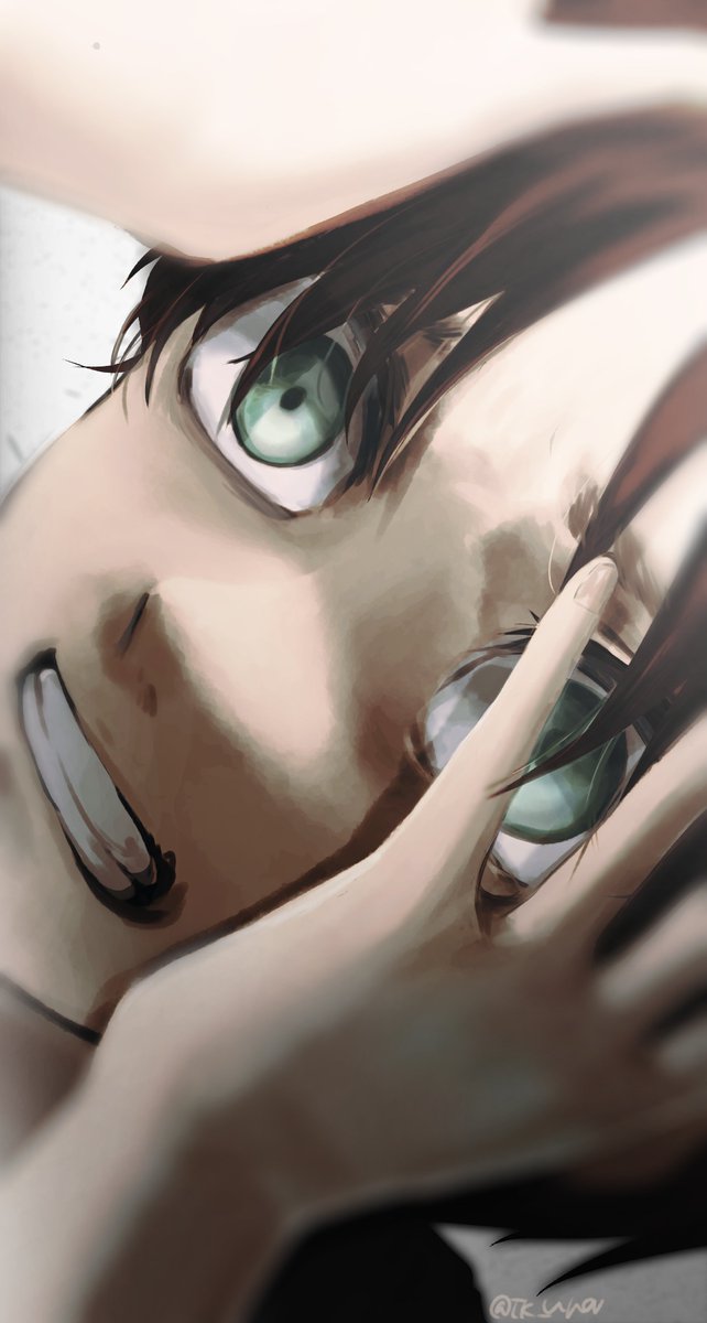 eren yeager 1boy solo male focus green eyes looking at viewer black hair open mouth  illustration images