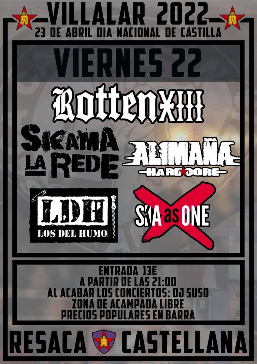 Resaca97's tweet photo. SÁBADO 22 de ABRIL - Carpa Resaca Castellana - Villalar de los Comuneros
Rotten XIII + @SkamaLaRede  + @AlimanaHC + @skaasone + Los Del Humo + Dj SUSO.  *Entradas :13€* https://t.co/l8cn3OuYha