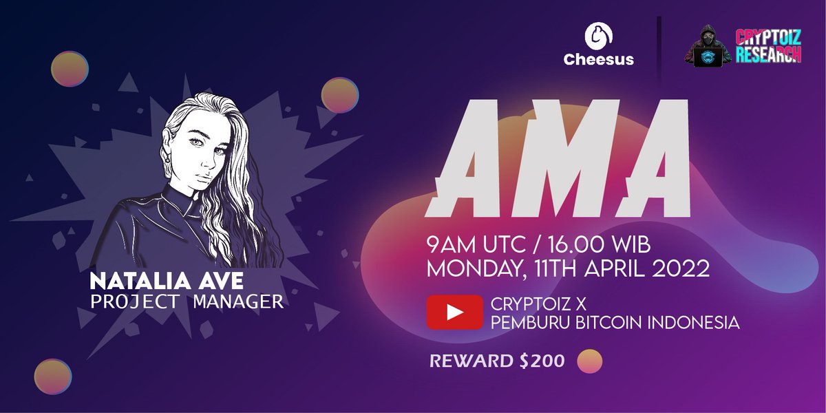 CryptoizOffice's tweet photo. 🥳 Announcement!! 🍻🥳🎉

Cryptoiz will hold 𝐀𝐒𝐊 𝐌𝐄 𝐀𝐍𝐘𝐓𝐇𝐈𝐍𝐆 with @CheesusDeFi

📆 Monday, 11th April 2022
⏰ 16.00 WIB
📍 YouTube Cryptoiz x Pemburu Bitcoin Indonesia
🎁 Rewards: $200

📌Leave your questions in here : https://t.co/jTFgy0cTYt

#Cryptoiz #Cheesus #AMA https://t.co/ZktBfcbf2A