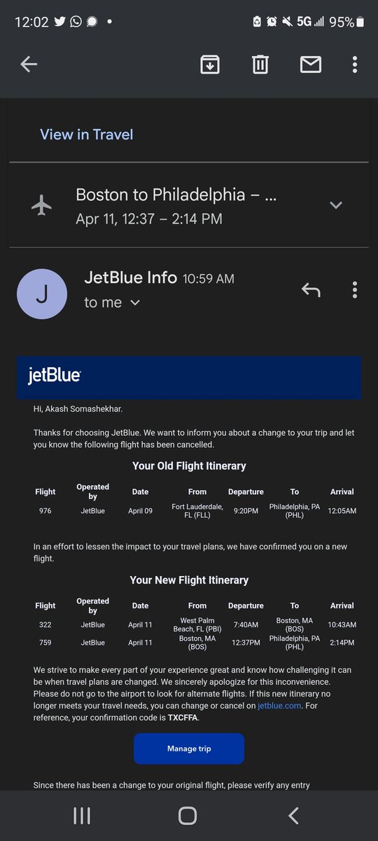 realakash00's tweet photo. @JetBlue you cannot just cancel my direct flight to Philly from FLL for no particular reason (perfect weather) and auto-rebook me 2 days later from an airport 2 hours away from Miami on a hopping flight with almost 7 hrs travel time with no alternate options!  Need a full refund! https://t.co/WGLo8JqfGA