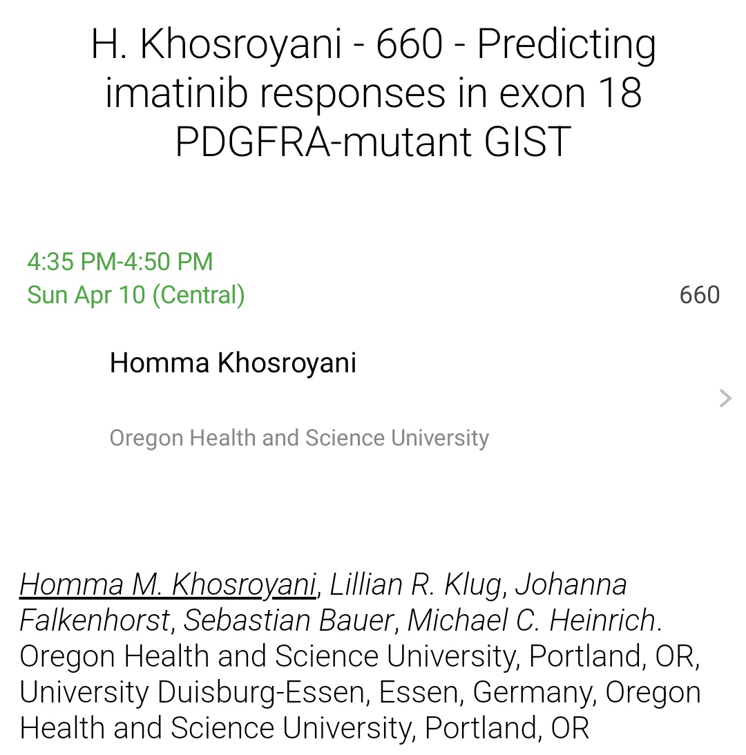 HKhosroyani's tweet photo. I will be presenting in a session about elucidating disease biology and drug resistance mechanisms today! Please tune in at 4:35pm CT if you are interested in learning how I use in vitro models to predict which mutations in PDGFRA confer drug resistance in #GIST! #AACR22 #sarcoma https://t.co/Zv6Gfetmld