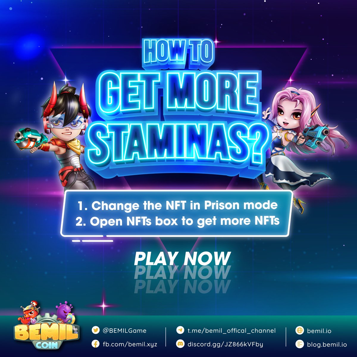 Bemil gives you mini-tips to get more stamina:
1️⃣. Changed NFTs in prison mode to continue using alternate stamina of NFTs.
2️⃣. Open NFTs box to get more NFTs. The more NFTs you have, the more Staminas you get. 
Play now to experience this tip!