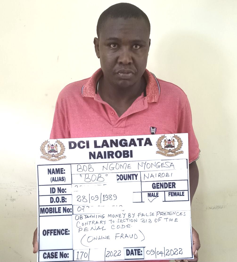 DCI_Kenya's tweet photo. Notorious Scammer Posing As A White Woman Arrested 

An infamous fraudster who obtained Sh 150,000 from a man who was selling his car through a popular online site, has been arrested by detectives. Bob Nyongesa, disguised as Ryan Britney, purportedly living in Narok, had called https://t.co/IuLeRDpBlC