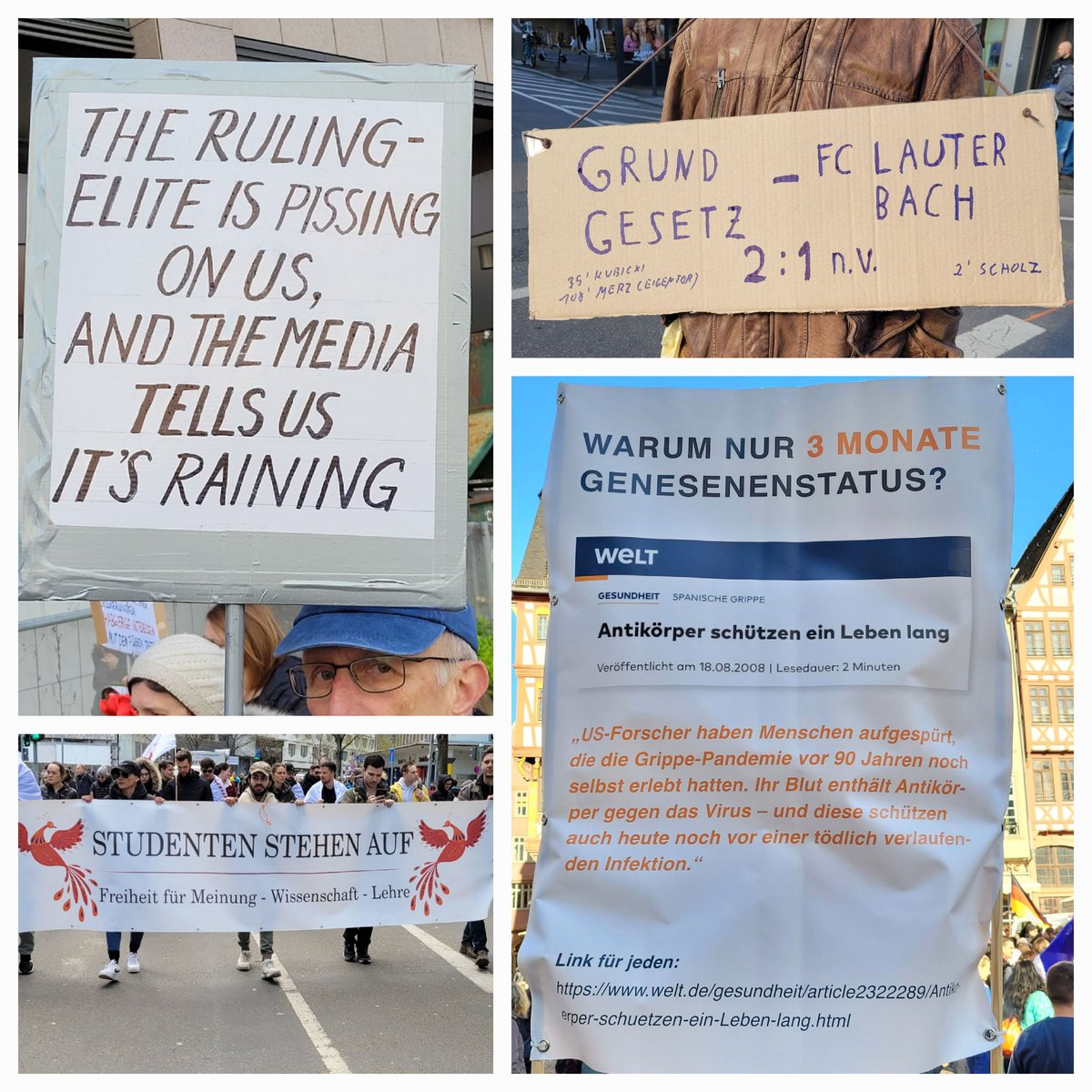 Geost77741402's tweet photo. Gesehen bei #FFM0904 in
#Frankfurt
The ruling elite is pissing on us.
And the media tells us it's raining.
#Grundgesetz gegen #Lauterbach 2:1 nach Verlängerung. https://t.co/SIOdvlHAjc