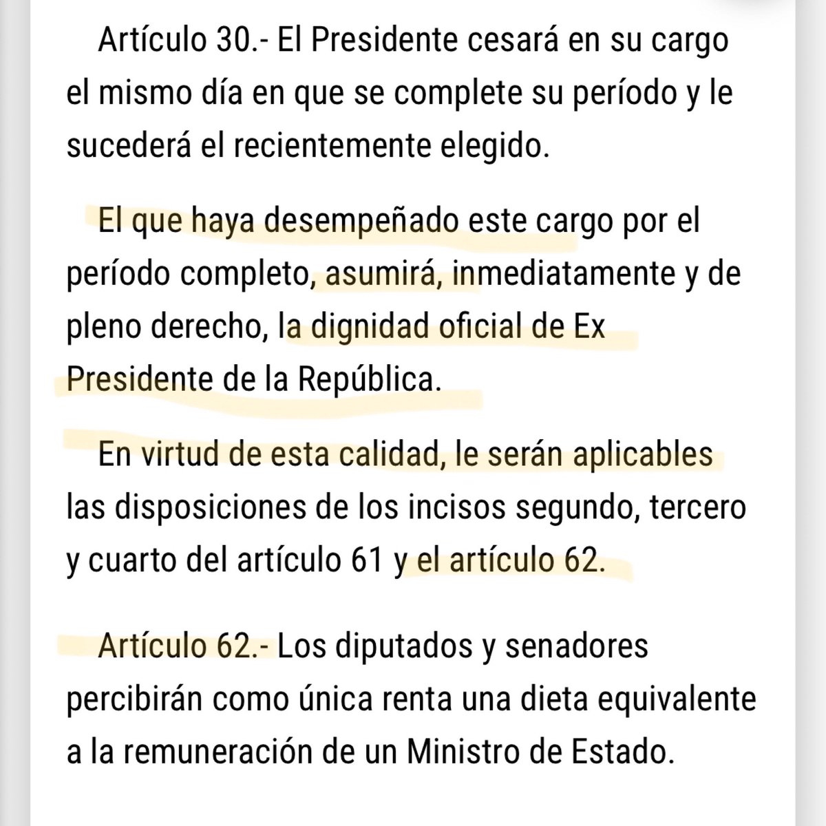mdaza_abogado's tweet photo. A través de ley 19.672, promulgada durante el gobierno de Ricardo Lagos, se reformó la constitución estableciendo un“estatuto de ex Presidentes de la República”. De esta forma son los Art 30 y 62 de la constitución, y no la ley, que les da fuero, dieta y asignaciones de por vida https://t.co/FI0wpMHOQO