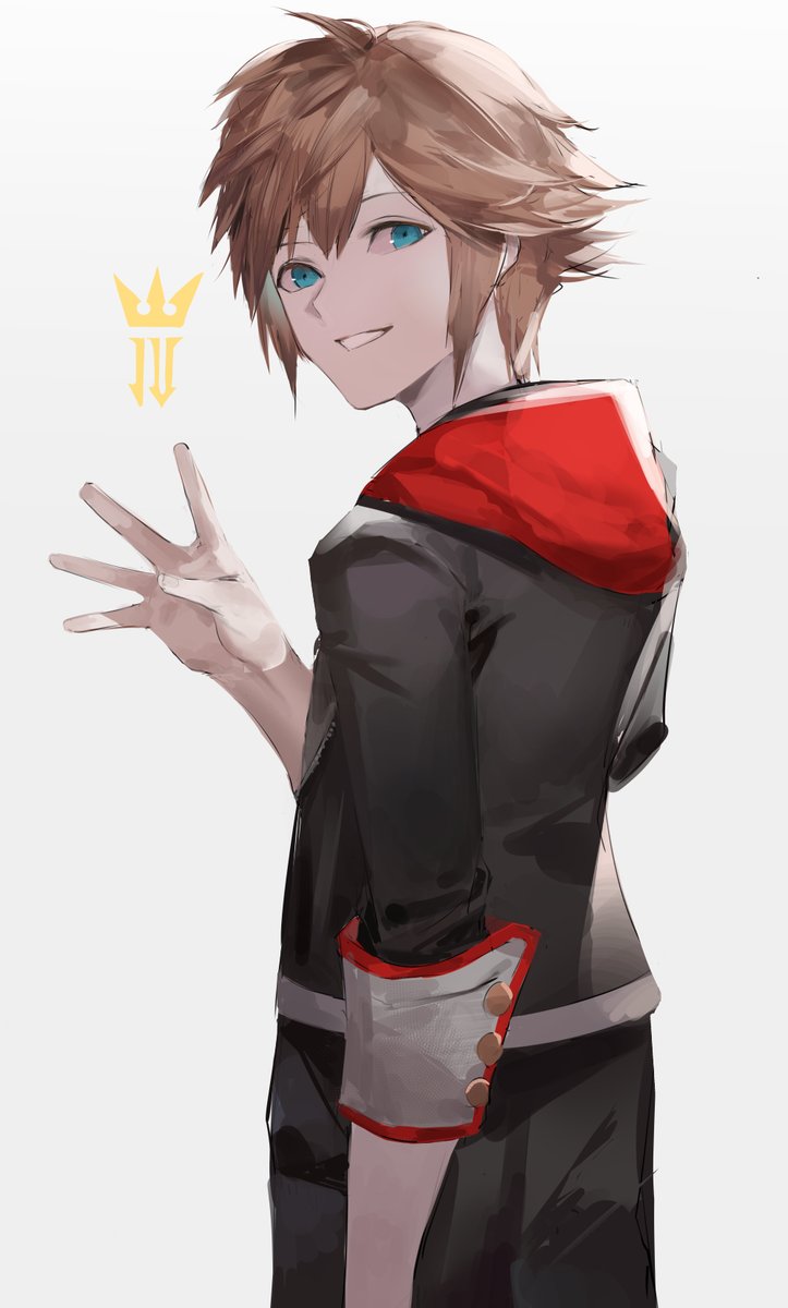 sora (kingdom hearts) 1boy male focus hood brown hair smile solo blue eyes  illustration images